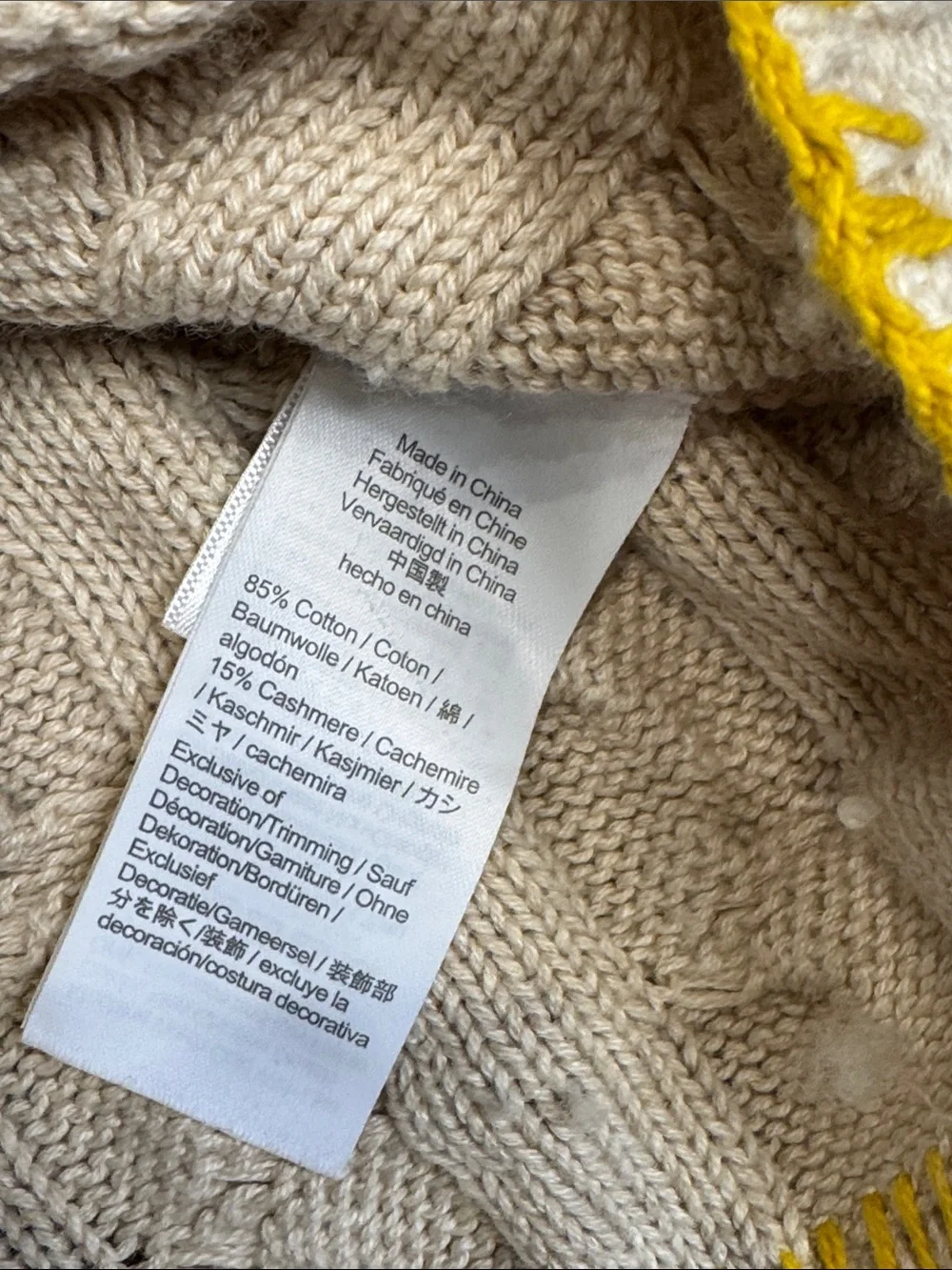 J. Crew Cream Cable Knit Crewneck Sweater with Yellow Trim CB0842